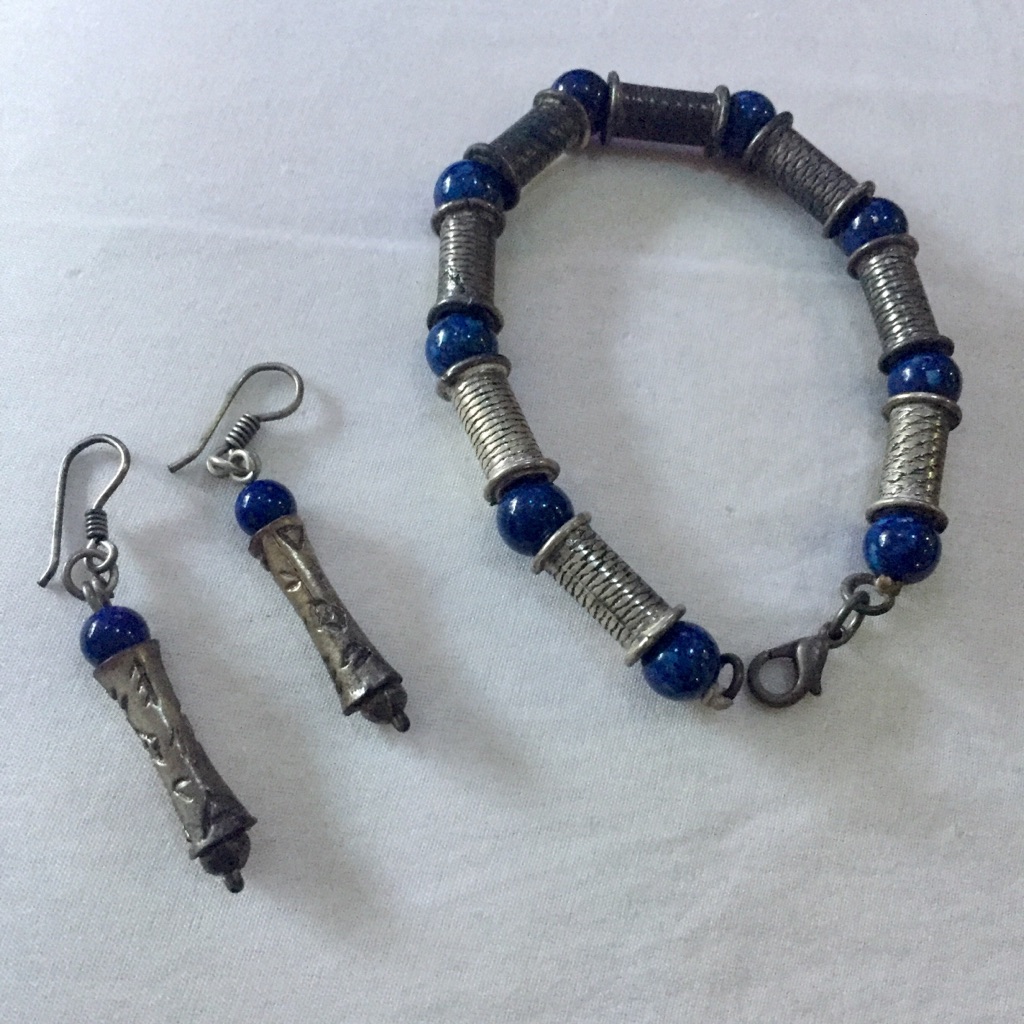 Silver Bracelet Earrings Set Vintage Lapis Stone 150$